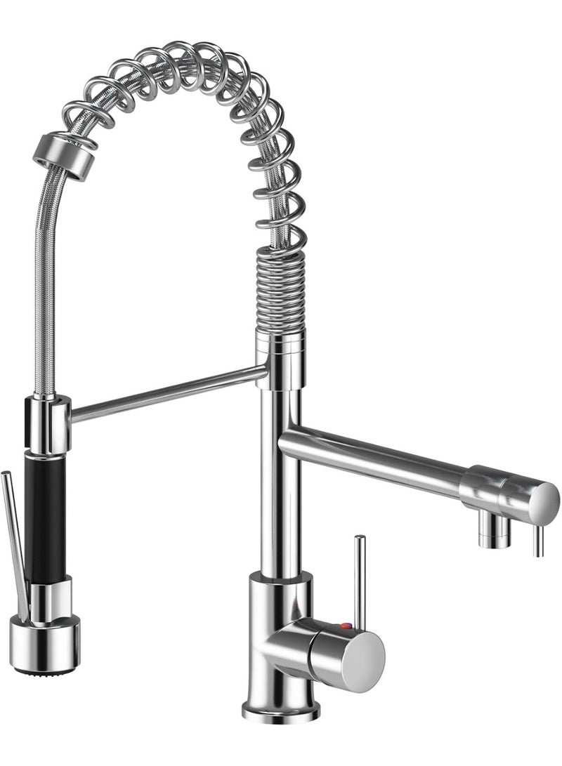 YD Commercial Kitchen Sink Mixer Tap with Pull Out Sprayer - High Arc 360° Rotation Double Spout Brass Faucet, Single Handle - Chrome - Image 1