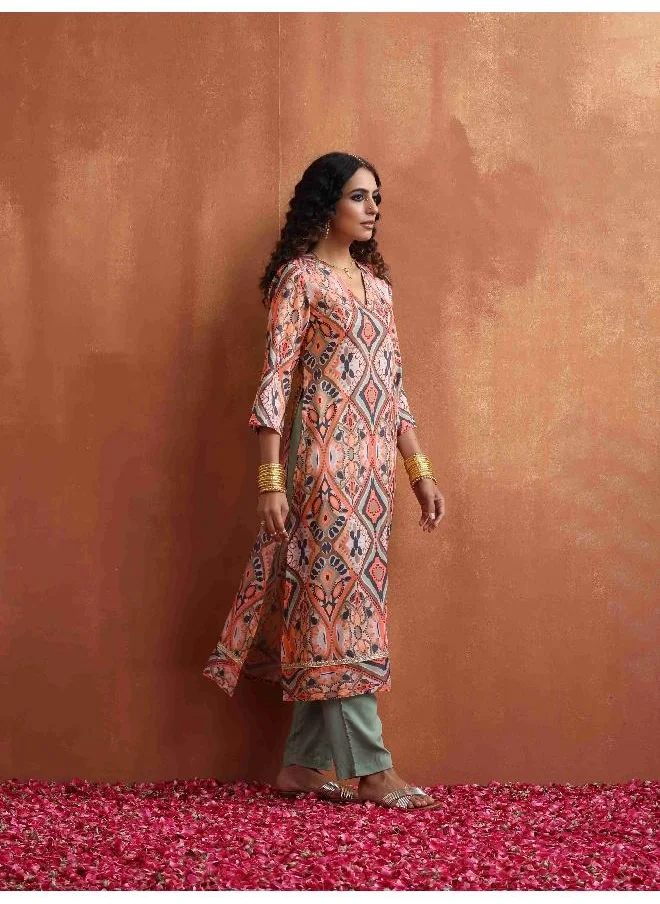 ترو برونز trueBrowns Beige Abstract Print Kurta Set