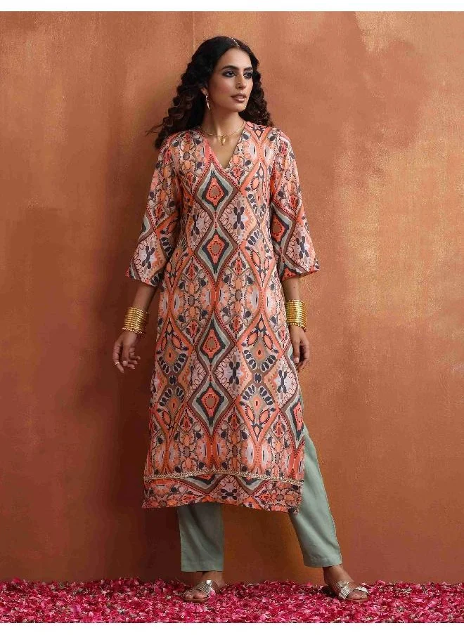 ترو برونز trueBrowns Beige Abstract Print Kurta Set