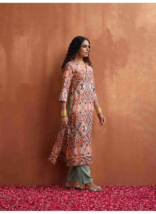 trueBrowns Beige Abstract Print Kurta Set