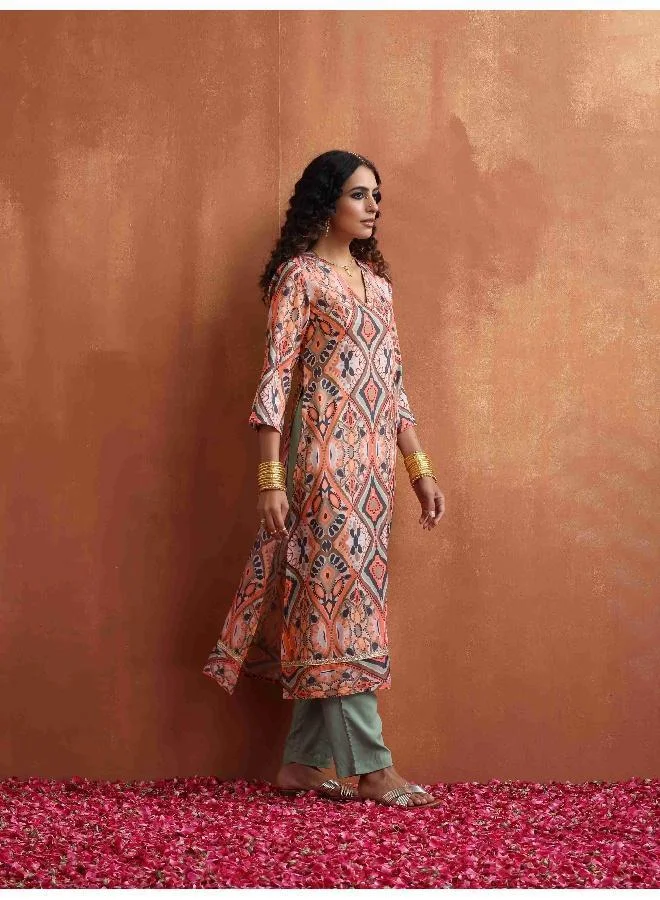 trueBrowns Beige Abstract Print Kurta Set