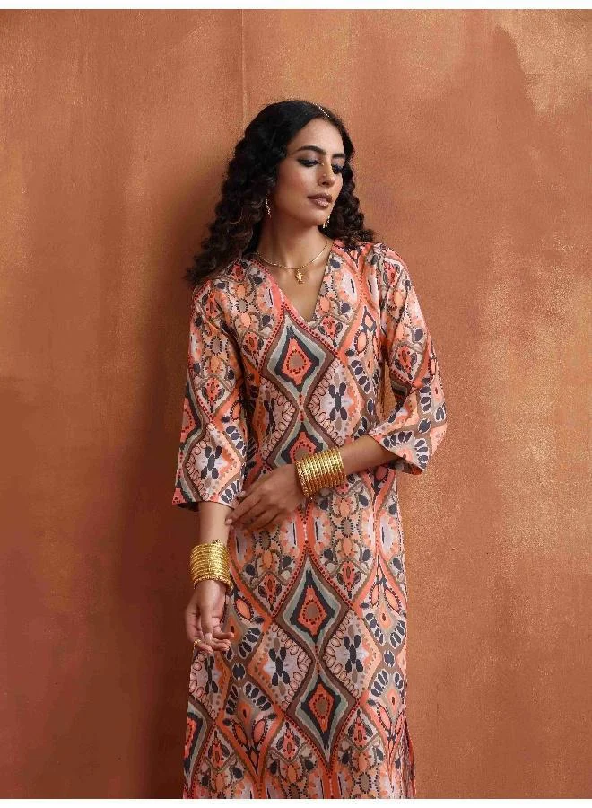 ترو برونز trueBrowns Beige Abstract Print Kurta Set