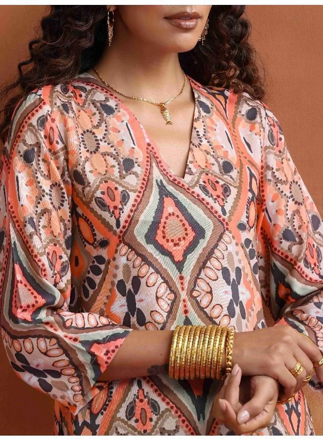 ترو برونز trueBrowns Beige Abstract Print Kurta Set