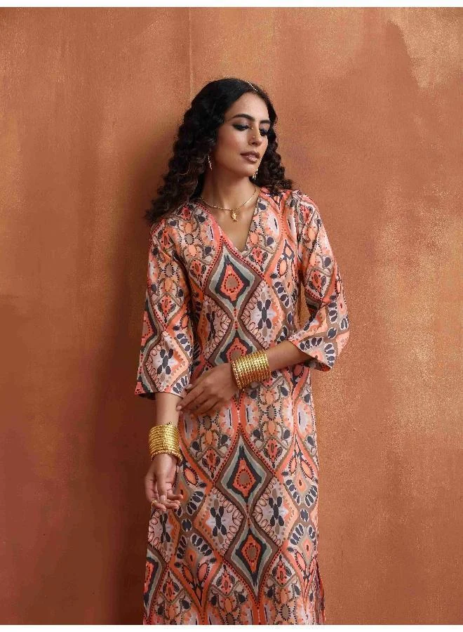 trueBrowns Beige Abstract Print Kurta Set