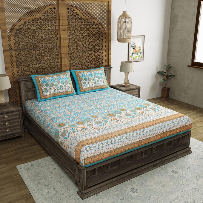 COTTON ELASTICATED FITTED BEDSHEET KING SIZE 72 X 78 BLUE IKAT