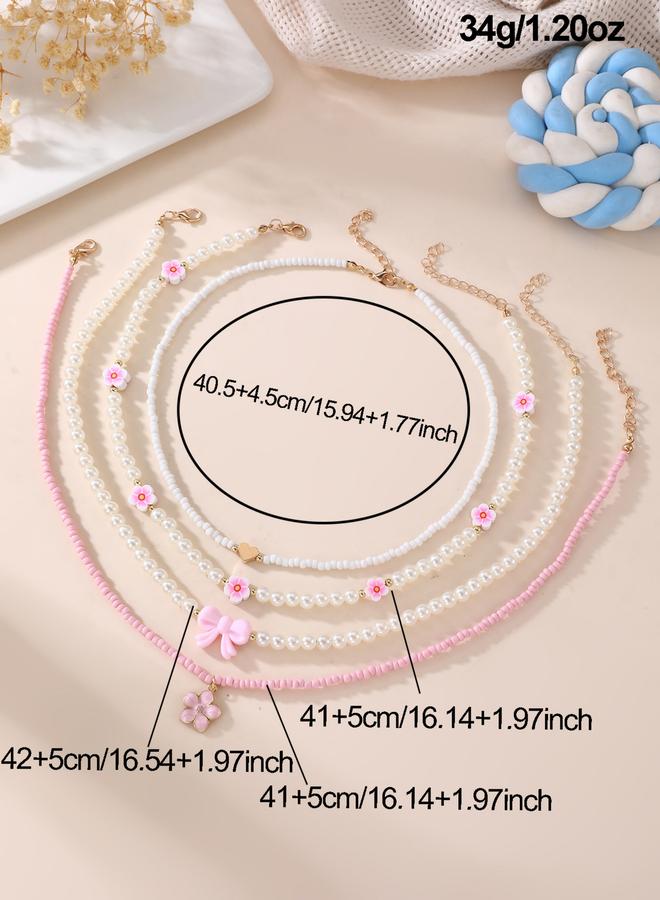 Take Two Pack of 4 - Pink Flower and Bow Beaded Necklace - Image 4