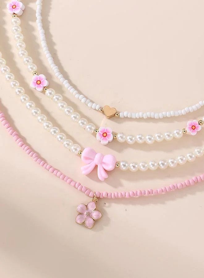 Take Two  Pack of 4 - Pink Flower and Bow Beaded Necklace for Women | Best Price UAE