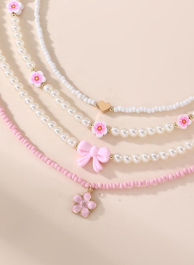 Take Two Pack of 4 - Pink Flower and Bow Beaded Necklace - Image 3