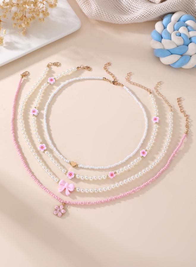 Take Two Pack of 4 - Pink Flower and Bow Beaded Necklace - Image 2