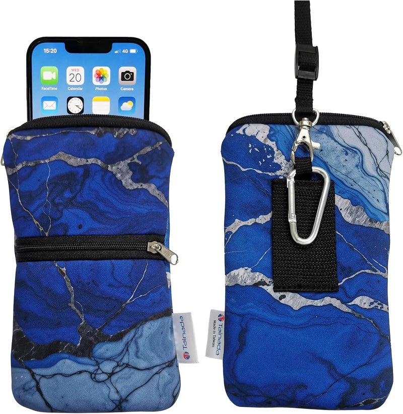 Tainada Men Women Cell Phone Neoprene Shockproof Zippered Sleeve Case Bag Pouch w/Carabiner, Neck Lanyard, Belt Loop Holster for iPhone 17/16 Pro Max,16 Plus,16e, Samsung S25+, S24, A56 (Marble Blue) - Image 1