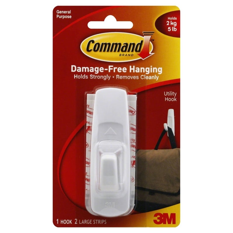 3M Scotch Command Removable Adhesive Utility Hook 5lb Capacity Plastic White Sold as 2 Packs of 1 Total of 2 Each