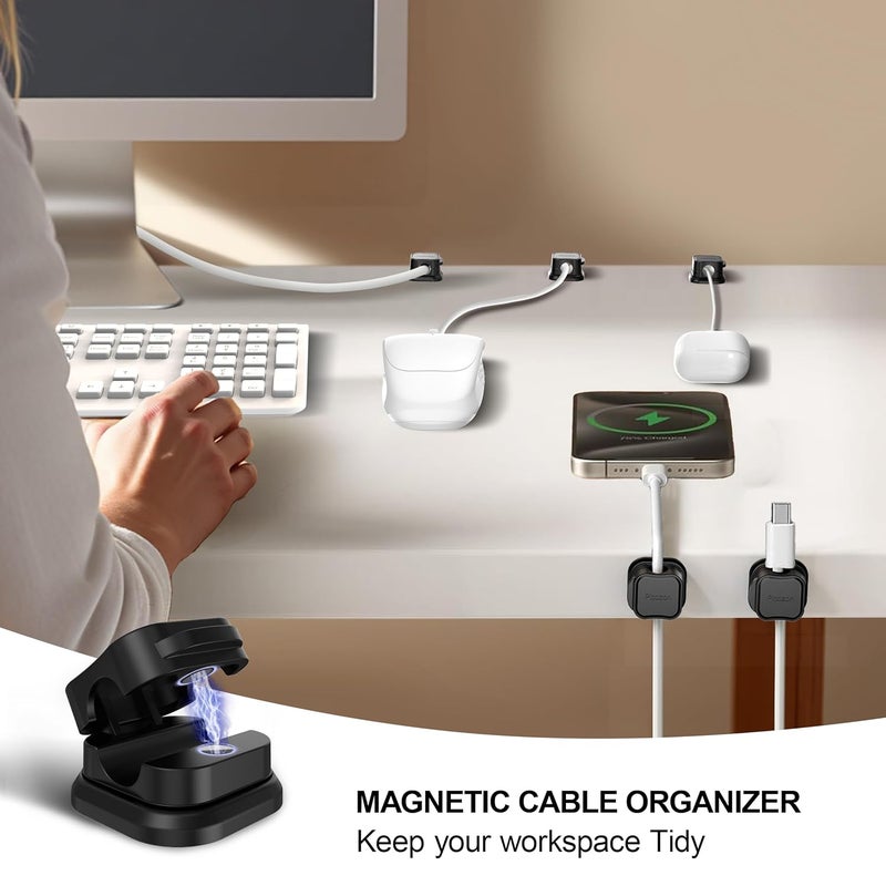 Picozon 8 Pack Magnetic Cable Clip Organizer Cord Holder, Adhesive Cable Management, Wire Phone USB Charger Cable Holder Keeper Organizer for Car, Office Home Desktop, Wall, Night Table - Black - Image 2