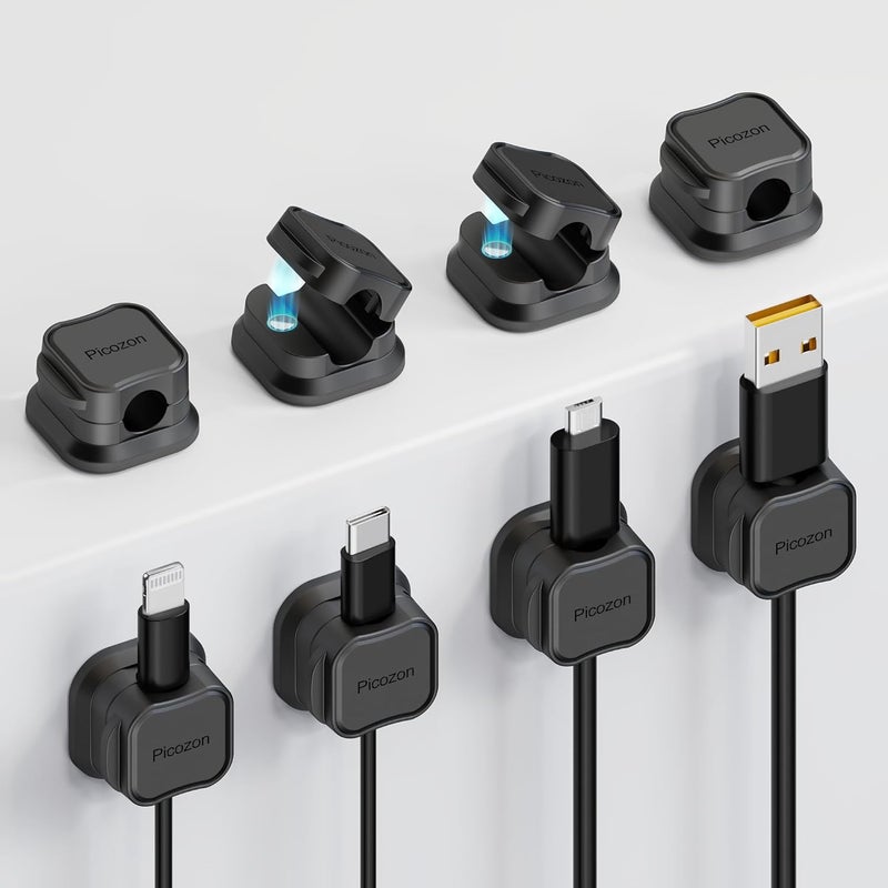 Picozon 8 Pack Magnetic Cable Clip Organizer Cord Holder, Adhesive Cable Management, Wire Phone USB Charger Cable Holder Keeper Organizer for Car, Office Home Desktop, Wall, Night Table - Black - Image 1