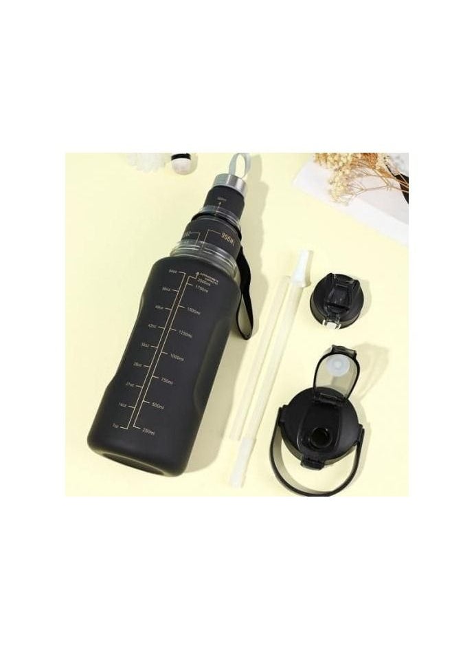Generic - Black water bottle set 3 * 1 Jumbo bottle 2 liters With a handle A bottle of 900 ml With a strap that makes it easy to carry A bottle of 300  ml Stainless cover - Image 1
