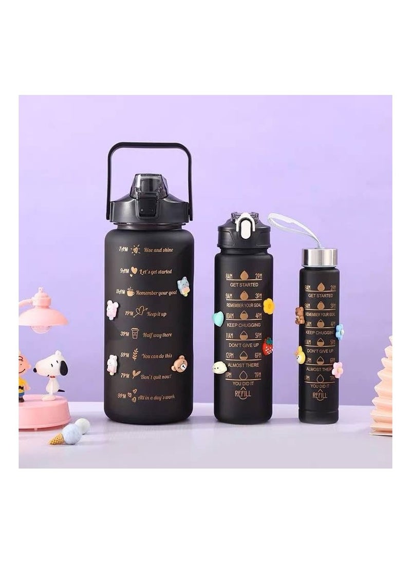 Generic - Black water bottle set 3 * 1 Jumbo bottle 2 liters With a handle A bottle of 900 ml With a strap that makes it easy to carry A bottle of 300  ml Stainless cover - Image 1
