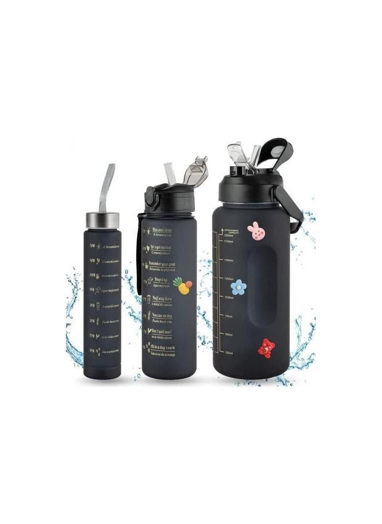Generic - Black water bottle set 3 * 1 Jumbo bottle 2 liters With a handle A bottle of 900 ml With a strap that makes it easy to carry A bottle of 300  ml Stainless cover - Image 1