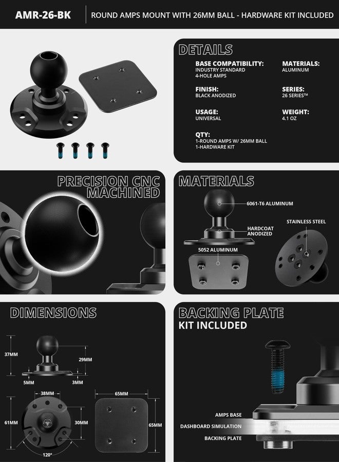 Tackform Round AMPS Mount - 25.4mm/1”/B-Sized System Compatible | CNC 6061-T6 Aluminum Ball | 7-Hole Drill Base | Mount Direct to Dash, AMPS, or Grid Style Brackets | Includes Hardware Kit | - Image 2