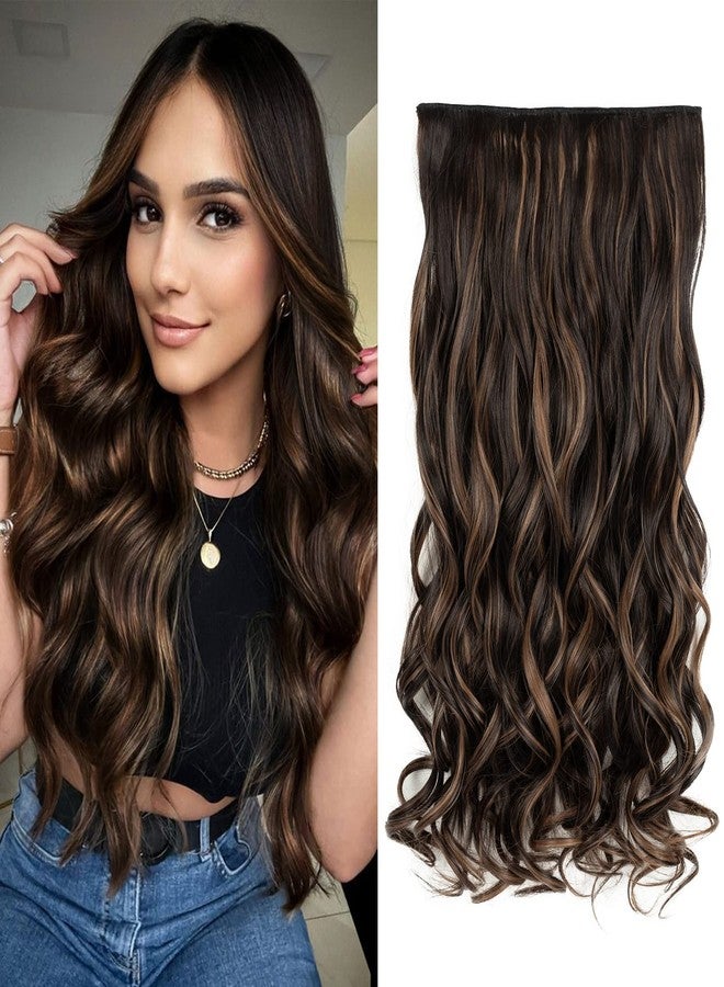 REECHO 20" 1-pack 3/4 Full Head Curly Wave Clips in on Synthetic Hair Extensions HE008 Hair pieces for Women 5 Clips 4.5 Oz Per Piece - Chocolate Brown with Highlights - Image 1