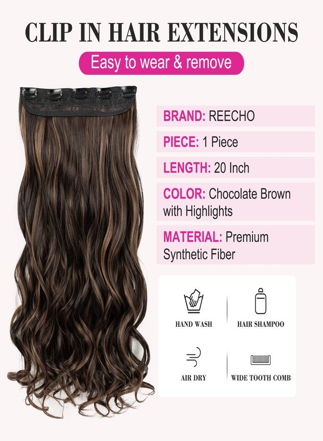 REECHO 20" 1-pack 3/4 Full Head Curly Wave Clips in on Synthetic Hair Extensions HE008 Hair pieces for Women 5 Clips 4.5 Oz Per Piece - Chocolate Brown with Highlights - Image 2