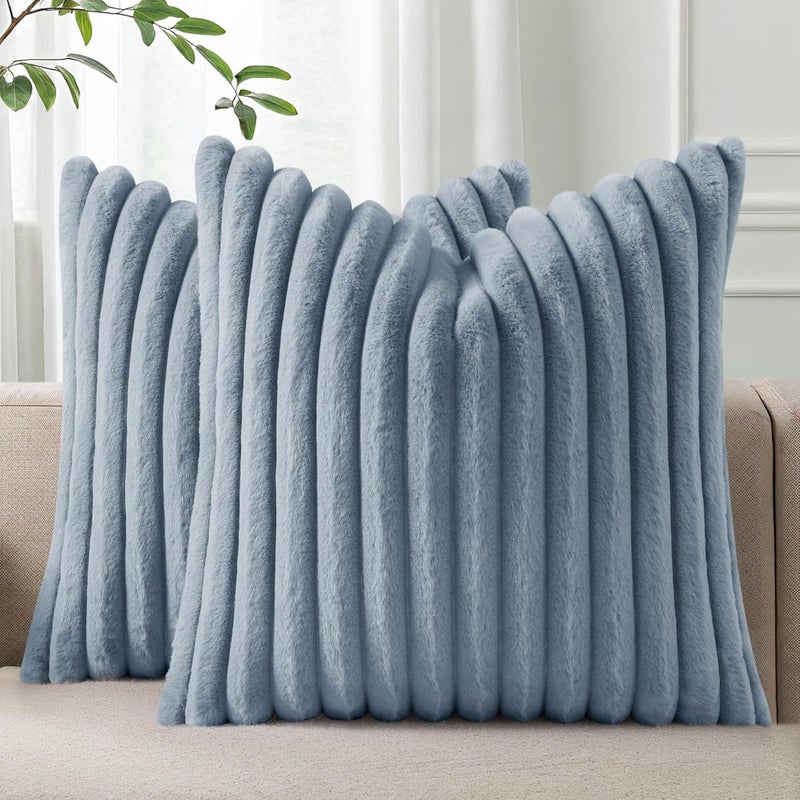 Pallene Faux Fur Plush Throw Pillow Covers 18x18 Set of 2, Luxury Soft Fluffy Striped Decorative Pillow Covers for Sofa, Couch, Living Room, Blue Grey - Image 1