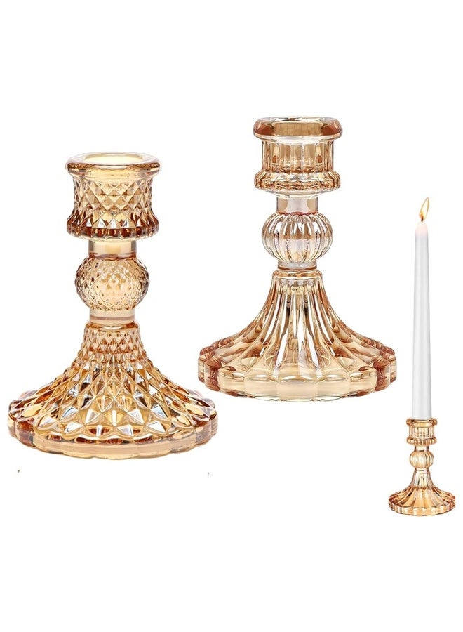 DUNISO 2 Pcs Glass Candle Holders, Include Taper Stripe Candle Stand,Candle Stick Container Candelabra for Christmas Decorations Table Centerpieces Festival, Wedding Dinner Party，Amber  - Image 1