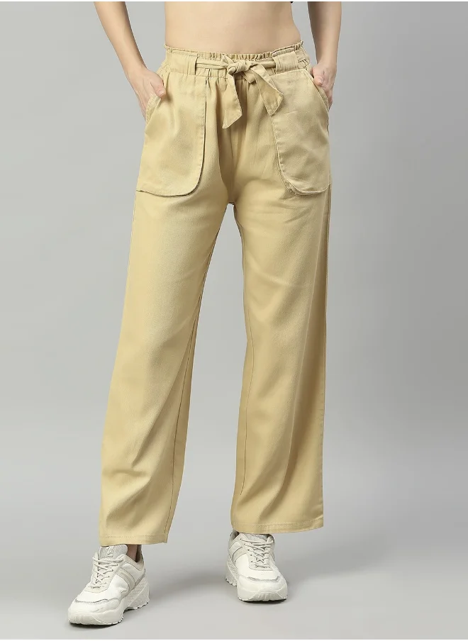 HIGH STAR Women Cream-Coloured Pure Cotton High-Rise Trouser