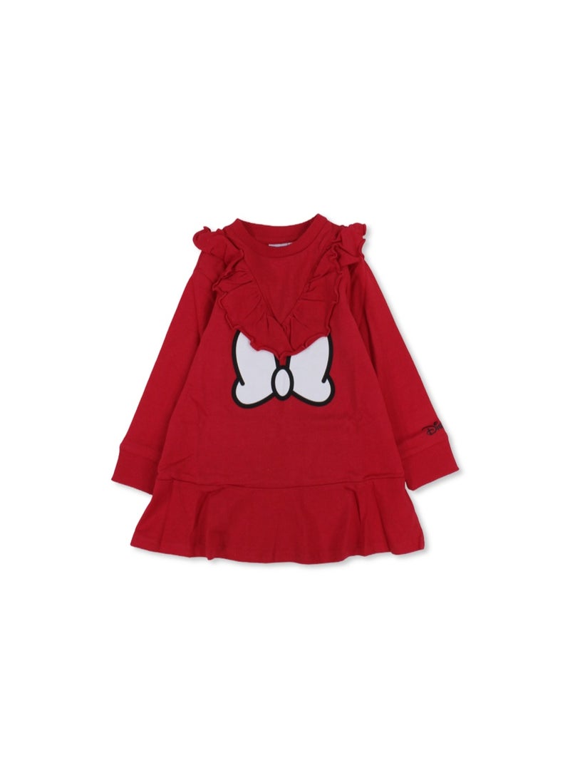 MTG Girls Cotton Long Sleeve Dress – Red with Minnie Bow Print - Image 1