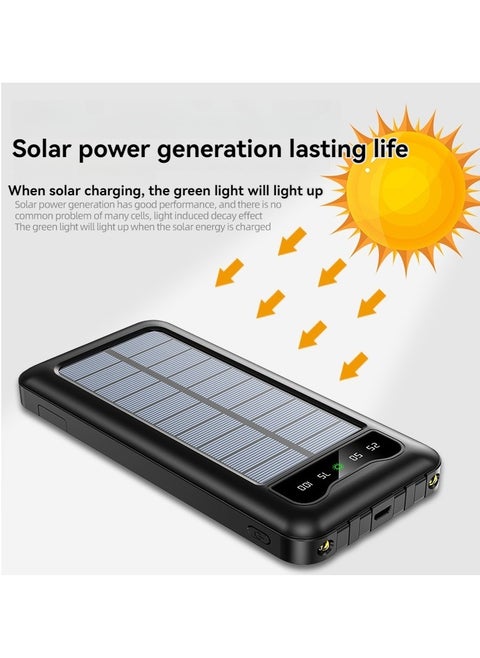 Multi-function solar power bank with built-in charging cable 10000 mAh large capacity mobile power supply with lazy stand (black)