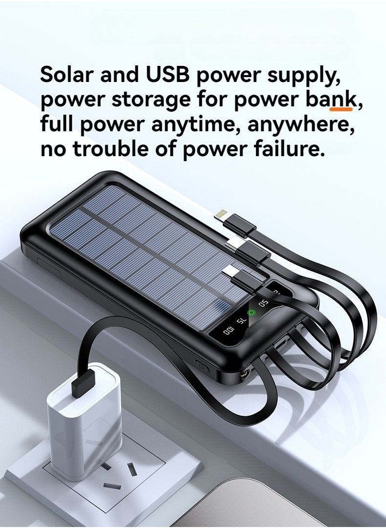 Generic - Multi-function solar power bank with built-in charging cable 10000 mAh large capacity mobile power supply with lazy stand (black) - Image 1
