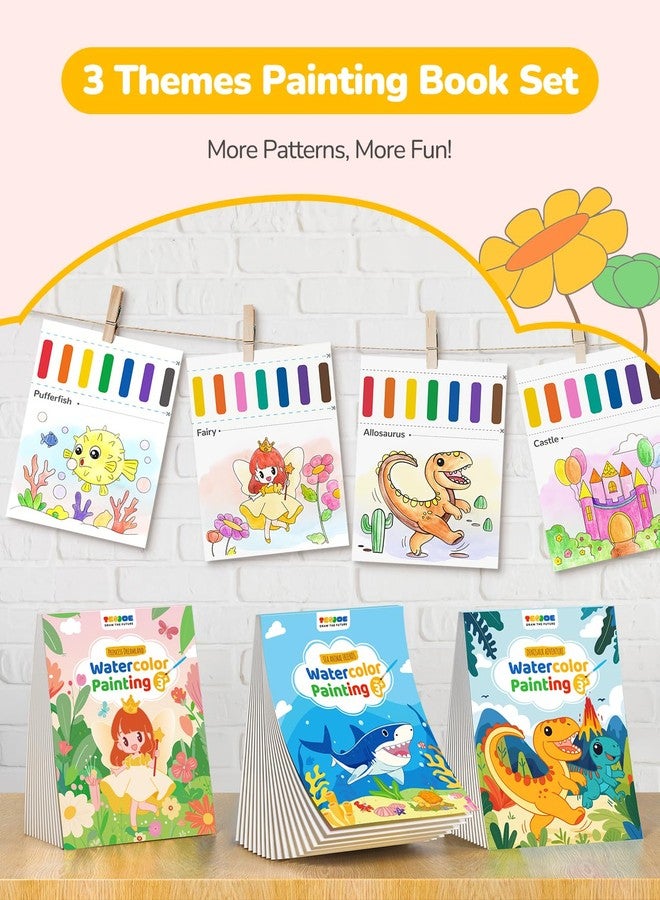 TECJOE 3 Pack Watercolour Books for Toddlers, Watercolour Paint Set with 6 Brushes, Painting Activity, Art and Craft Toys (Sea & Princess & Dinosaur) - Image 2