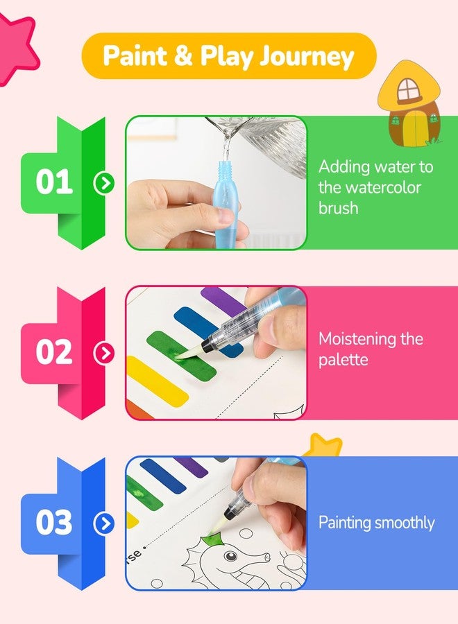 TECJOE 3 Pack Watercolour Books for Toddlers, Watercolour Paint Set with 6 Brushes, Painting Activity, Art and Craft Toys (Sea & Princess & Dinosaur) - Image 5