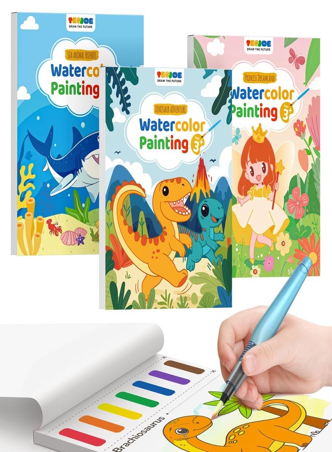 TECJOE 3 Pack Watercolour Books for Toddlers, Watercolour Paint Set with 6 Brushes, Painting Activity, Art and Craft Toys (Sea & Princess & Dinosaur) - Image 1