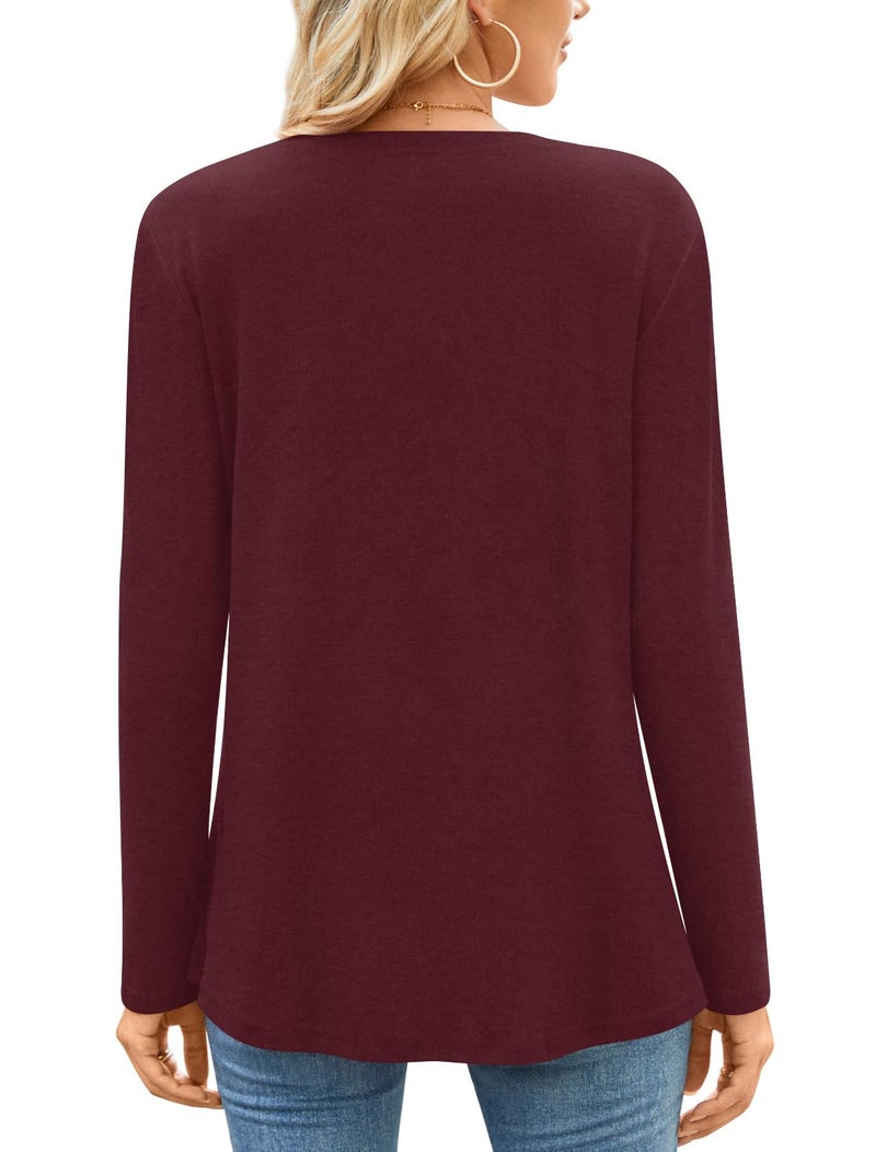 Anyhold Womens Long Sleeve Tunic Tops Loose Fit Dressy Casual Pleated Blouses to wear with Leggings Medium, Wine Red - Image 3