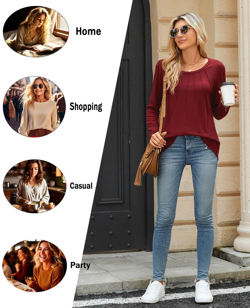 Anyhold Womens Long Sleeve Tunic Tops Loose Fit Dressy Casual Pleated Blouses to wear with Leggings Medium, Wine Red - Image 4