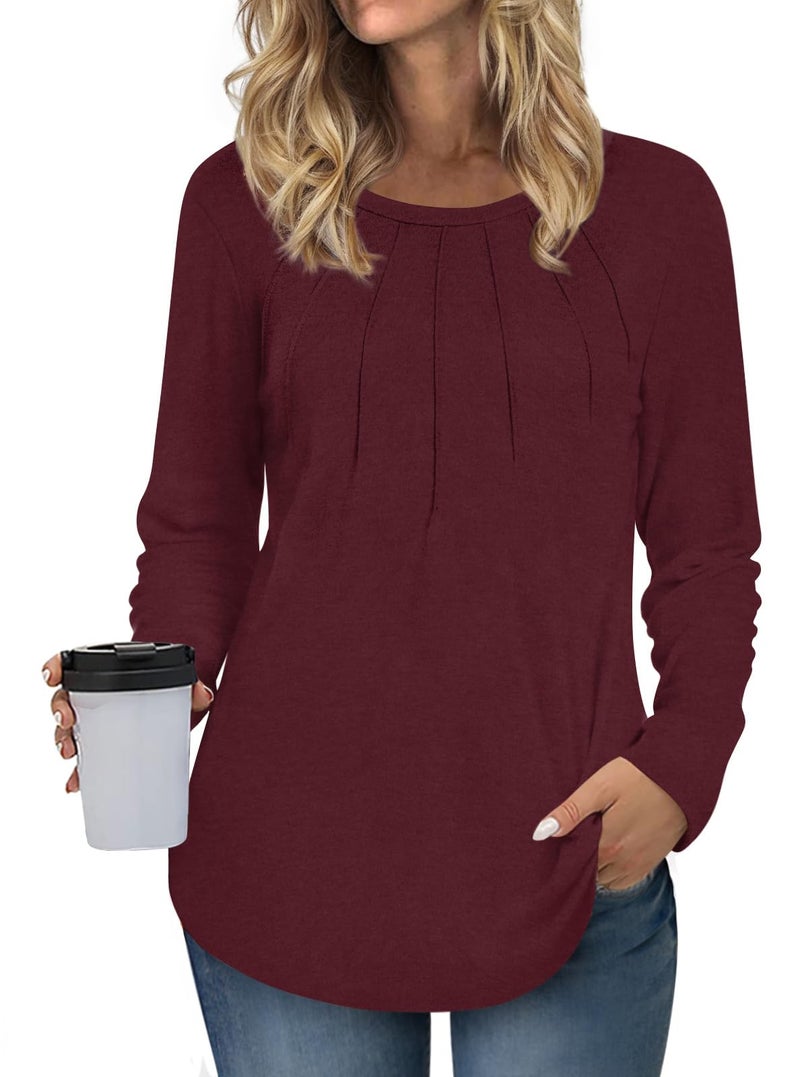 Anyhold Womens Long Sleeve Tunic Tops Loose Fit Dressy Casual Pleated Blouses to wear with Leggings Medium, Wine Red - Image 1