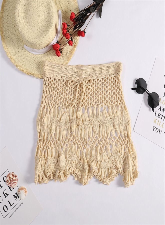 Loquat Solid Crochet Cut-Out Beach Skirt Beige - Image 1