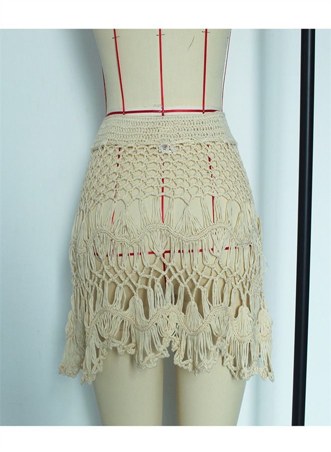 Loquat Solid Crochet Cut-Out Beach Skirt Beige - Image 2