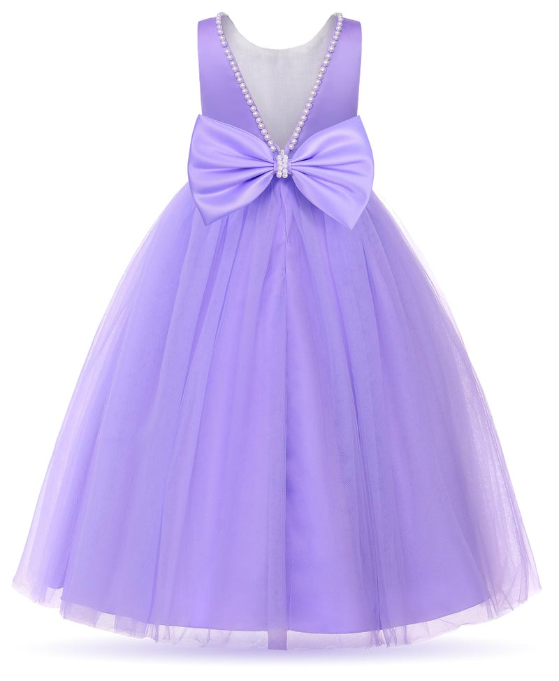 Uhnice Flower Girl Pearls Dress V-Back Tulle Ball Gown Satin Prom with Bow-Knot for Wedding Pageant Birthday Party (Purple, 130/7-8 Years) - Image 1