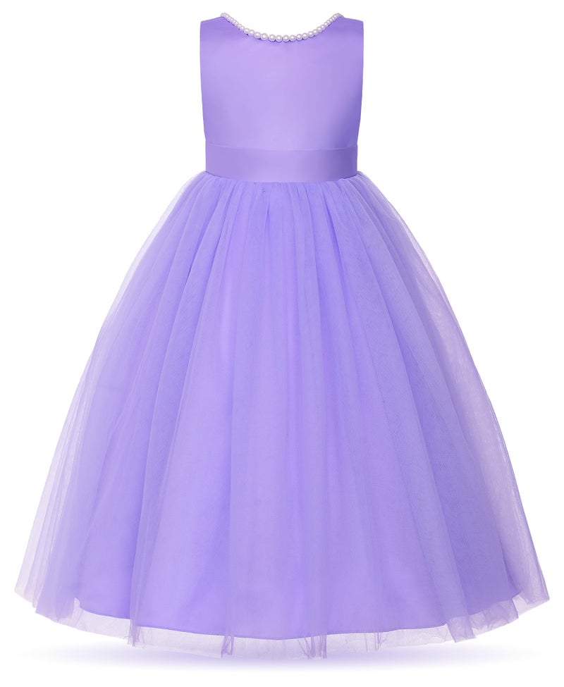 Uhnice Flower Girl Pearls Dress V-Back Tulle Ball Gown Satin Prom with Bow-Knot for Wedding Pageant Birthday Party (Purple, 130/7-8 Years) - Image 3