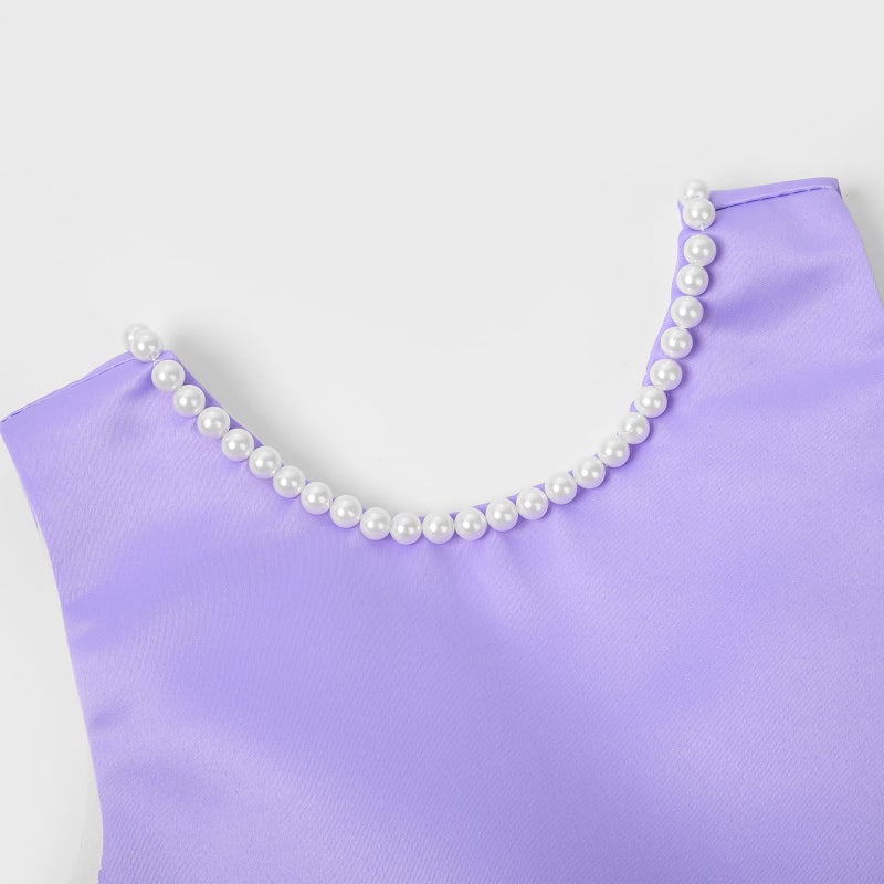 Uhnice Flower Girl Pearls Dress V-Back Tulle Ball Gown Satin Prom with Bow-Knot for Wedding Pageant Birthday Party (Purple, 130/7-8 Years) - Image 4