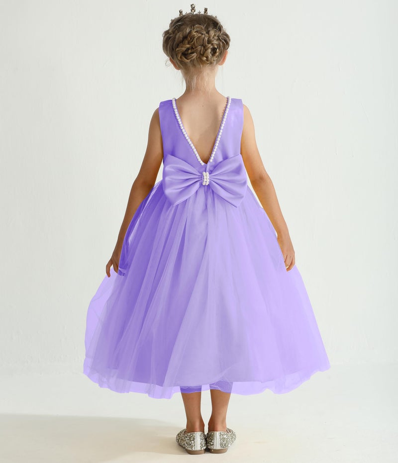 Uhnice Flower Girl Pearls Dress V-Back Tulle Ball Gown Satin Prom with Bow-Knot for Wedding Pageant Birthday Party (Purple, 130/7-8 Years) - Image 2