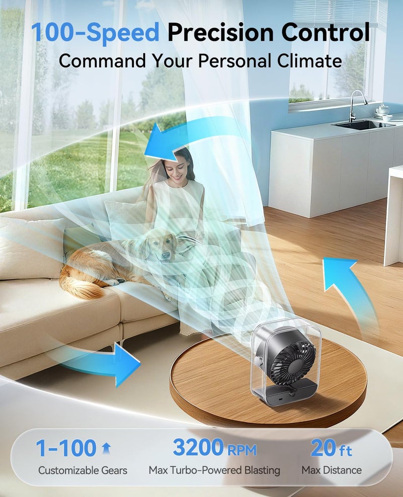 DIGIX USB Rechargeable Desk Fan, Small Portable Table Fan with 100 Speeds Turbo Airflow, 90Â° Tilt Quiet Desktop Fan for Bedroom with LED Display, Personal Cooling Fan for Travel Office Camping (Black) - Image 3