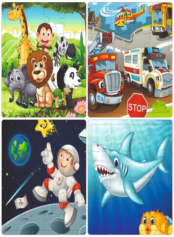 Fiddlys Fiddly's 16-Piece Wooden Jigsaw Puzzles for Kids Ages 3+, Double Layered Wooden Puzzles with Bright Front & Back Print (Mix World Pack of 4) - Image 1