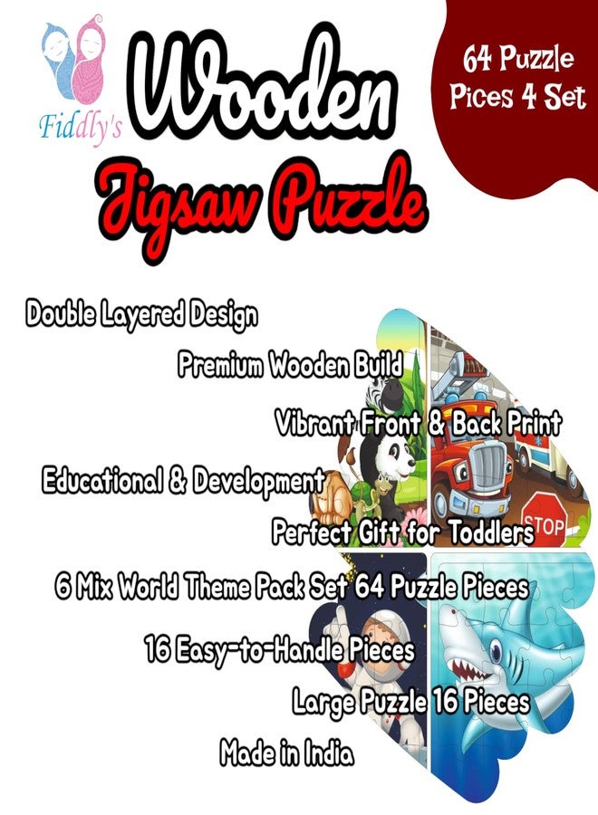 Fiddlys Fiddly's 16-Piece Wooden Jigsaw Puzzles for Kids Ages 3+, Double Layered Wooden Puzzles with Bright Front & Back Print (Mix World Pack of 4) - Image 3