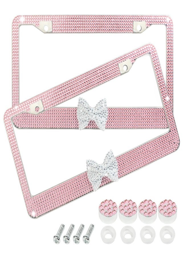 bylikeho License Plate Frame,Cute Car Accessories Stainless Steel Crystal Car Plate Covers,Shiny Rhinestones Premium License Plate Holder with Mounting Bolts,License Plate Frames (White&Pink) - Image 1