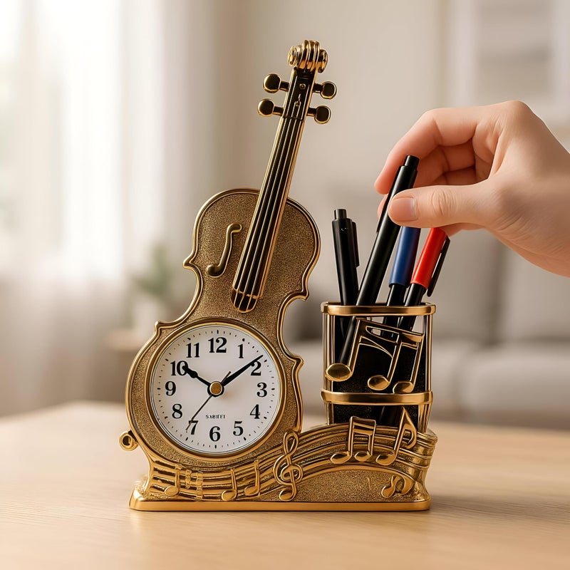 Musical Instrument Clock - A decorative wall clock shaped like a guitar and violin, featuring multicolor finish, alarm function, and pen storage, perfect for creative spaces and home decor. (gold) - Image 4