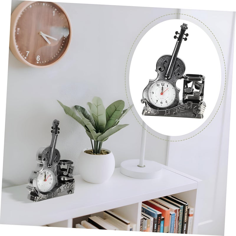 Musical Instrument Clock - A decorative wall clock shaped like a guitar and violin, featuring multicolor finish, alarm function, and pen storage, perfect for creative spaces and home decor. (gold) - Image 5