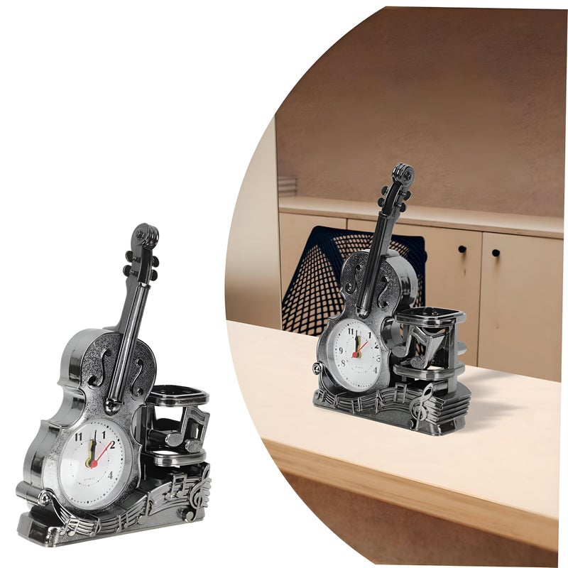 Musical Instrument Clock - A decorative wall clock shaped like a guitar and violin, featuring multicolor finish, alarm function, and pen storage, perfect for creative spaces and home decor. (gold) - Image 2