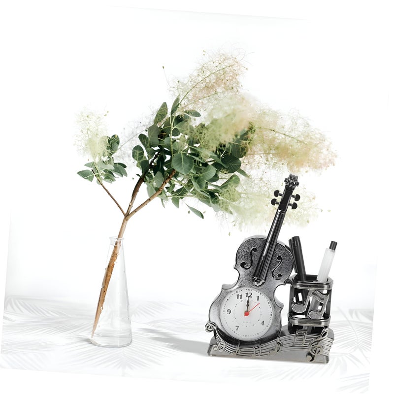Musical Instrument Clock - A decorative wall clock shaped like a guitar and violin, featuring multicolor finish, alarm function, and pen storage, perfect for creative spaces and home decor. (gold) - Image 3