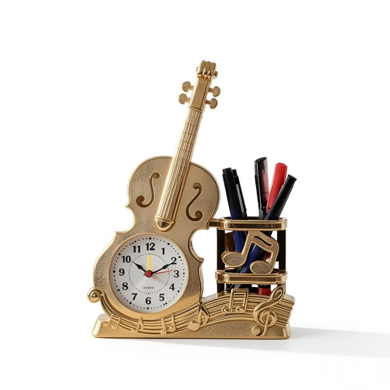 Musical Instrument Clock - A decorative wall clock shaped like a guitar and violin, featuring multicolor finish, alarm function, and pen storage, perfect for creative spaces and home decor. (gold) - Image 1